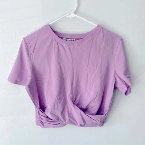 Zara Purple Lilac Knotted Cotton Cropped T-shirt M L - Picture 2 of 7